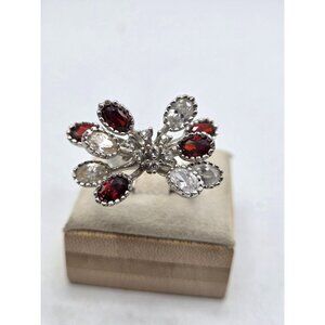 Silver Flower Cocktail Ring With Red & Clear Crystals